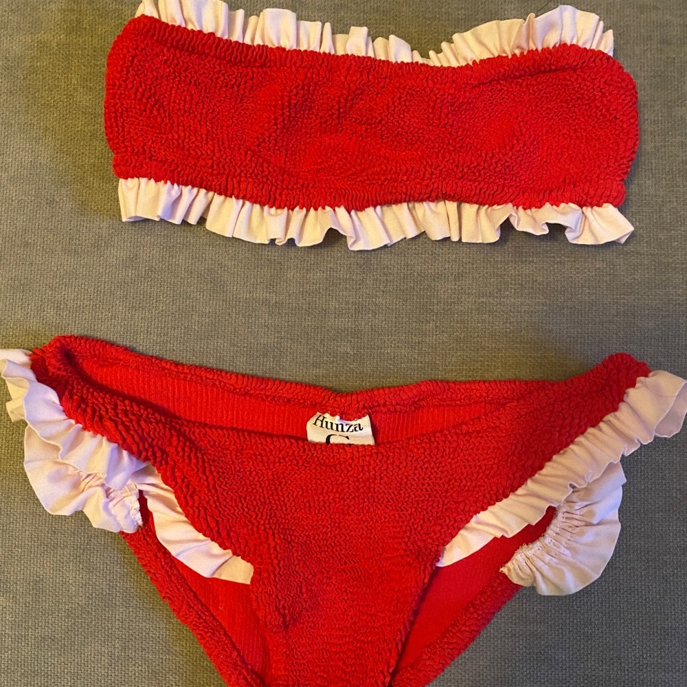 HUNZA G bikini. Red and pink ruffle. Sold out everywhere. Super cute!